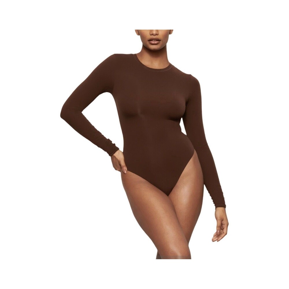 SKIMS Fits Everybody Long Sleeve Crew Neck Cocoa Brown Bodysuit Size Large NWT